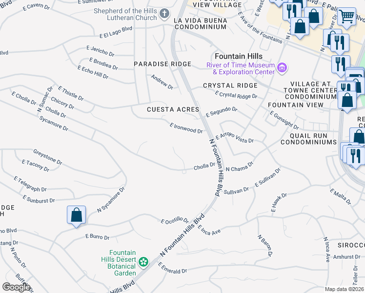 map of restaurants, bars, coffee shops, grocery stores, and more near 12033 North Organpipe Circle in Fountain Hills