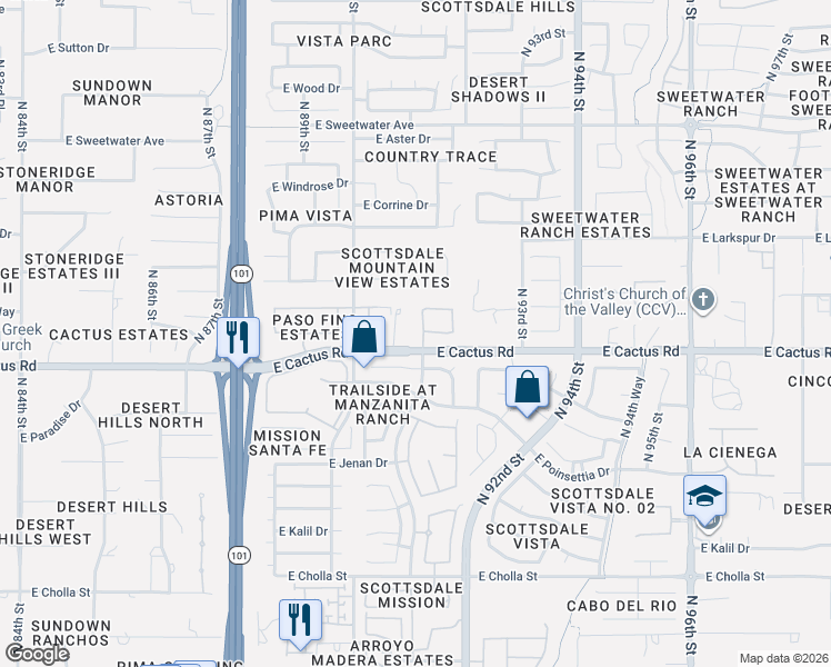 map of restaurants, bars, coffee shops, grocery stores, and more near 9080 East Cactus Road in Scottsdale