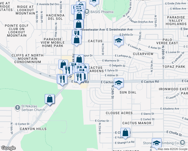 map of restaurants, bars, coffee shops, grocery stores, and more near 12201 North 22nd Place in Phoenix