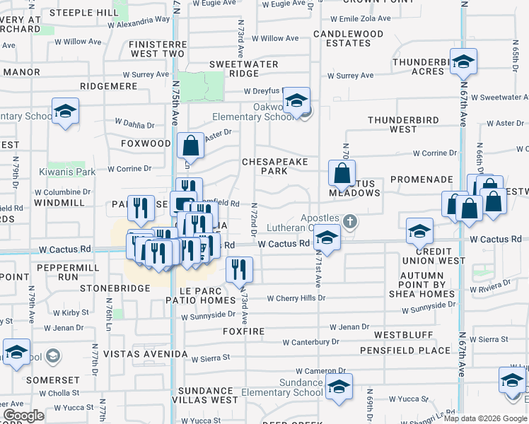 map of restaurants, bars, coffee shops, grocery stores, and more near 12329 North 72nd Drive in Peoria