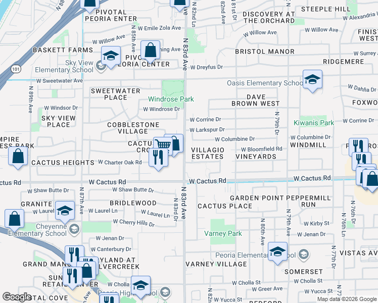 map of restaurants, bars, coffee shops, grocery stores, and more near 12406 82nd Lane in Peoria