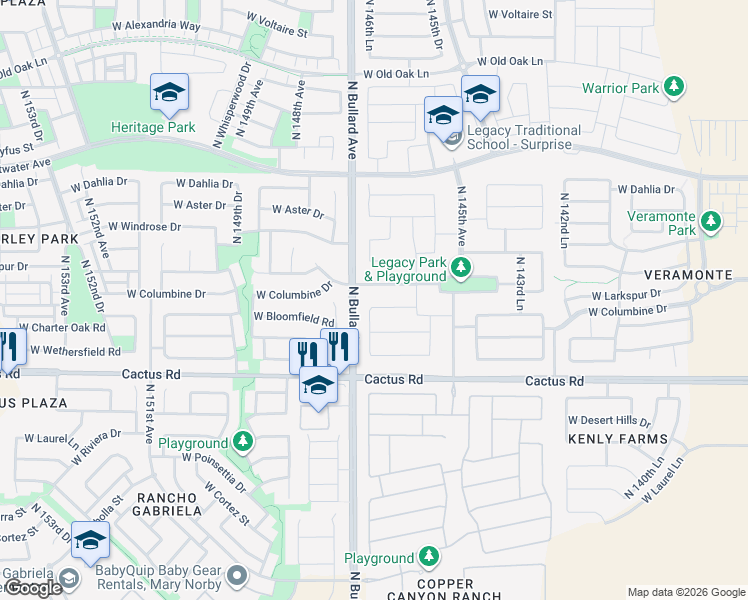 map of restaurants, bars, coffee shops, grocery stores, and more near 14663 West Columbine Drive in Surprise