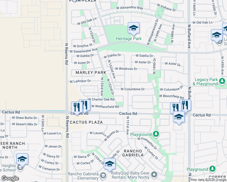 map of restaurants, bars, coffee shops, grocery stores, and more near 15244 West Bloomfield Road in Surprise