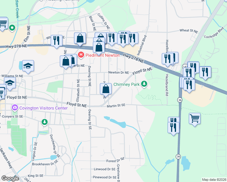 map of restaurants, bars, coffee shops, grocery stores, and more near 5222 Floyd Street Northeast in Covington