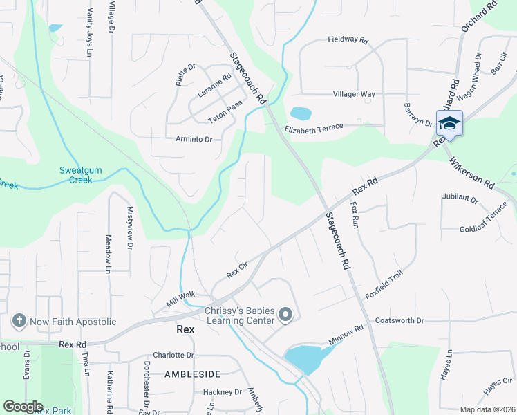 map of restaurants, bars, coffee shops, grocery stores, and more near 5760 Rex Mill Terrace in Rex