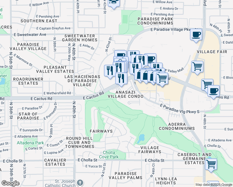 map of restaurants, bars, coffee shops, grocery stores, and more near 4303 East Cactus Road in Phoenix