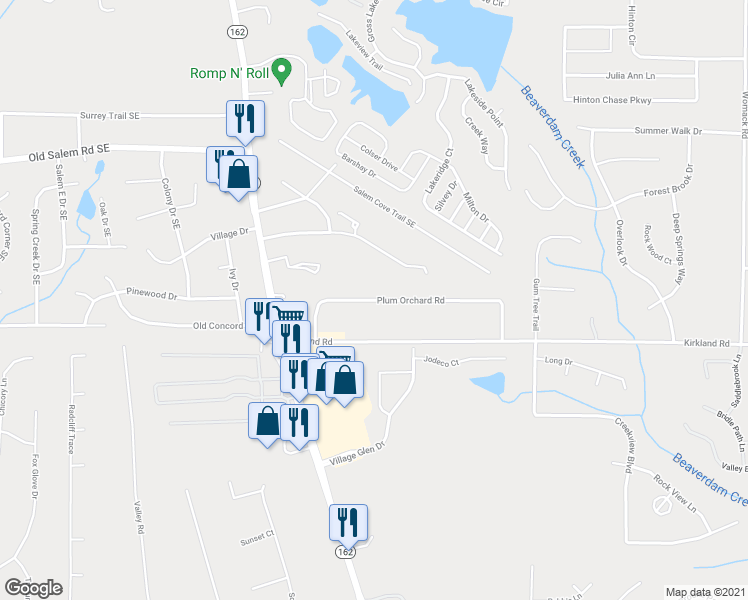 map of restaurants, bars, coffee shops, grocery stores, and more near 150 Plum Orchard Road in Covington