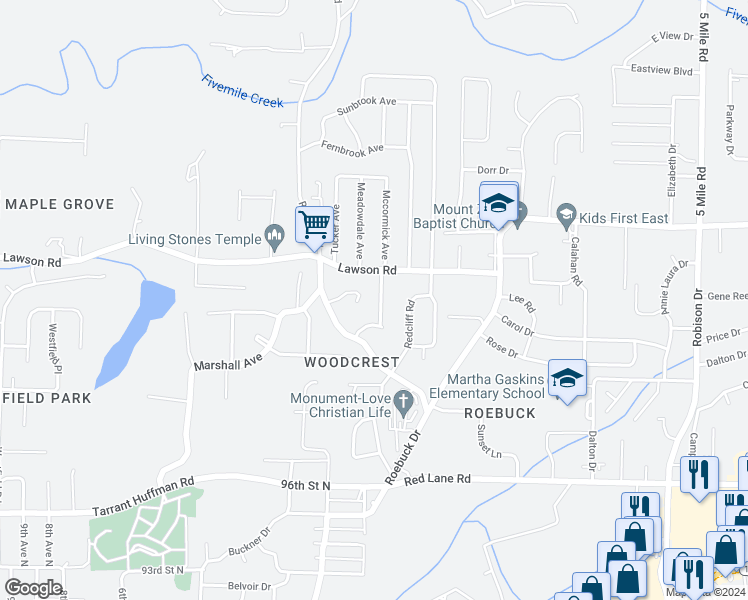 map of restaurants, bars, coffee shops, grocery stores, and more near 108 Lawson Drive in Birmingham
