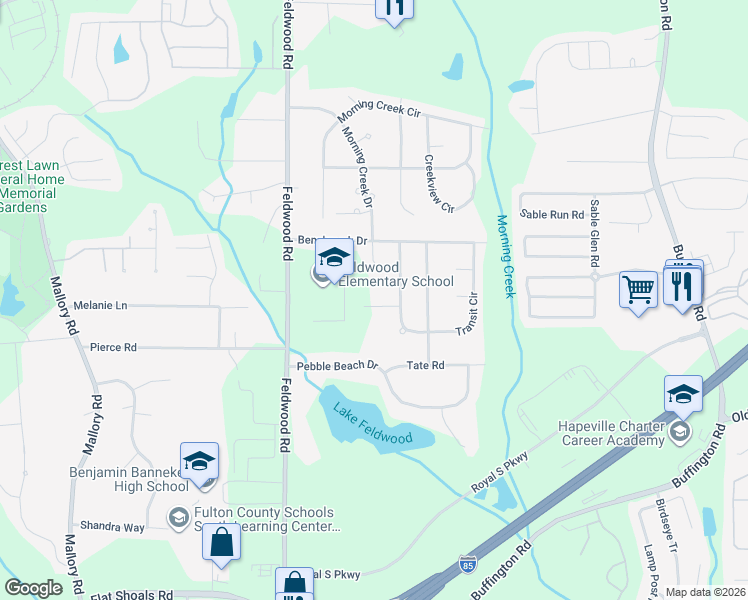 map of restaurants, bars, coffee shops, grocery stores, and more near 115 Feldwood Pines Street in College Park
