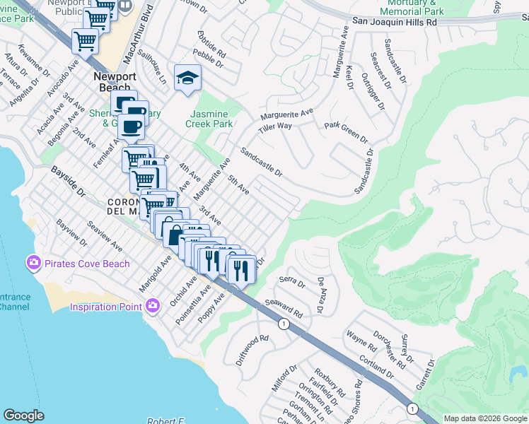 map of restaurants, bars, coffee shops, grocery stores, and more near 719 Poinsettia Avenue in Newport Beach