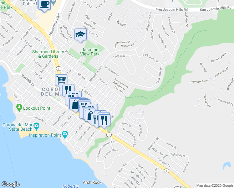 map of restaurants, bars, coffee shops, grocery stores, and more near 720 Poinsettia Avenue in Newport Beach