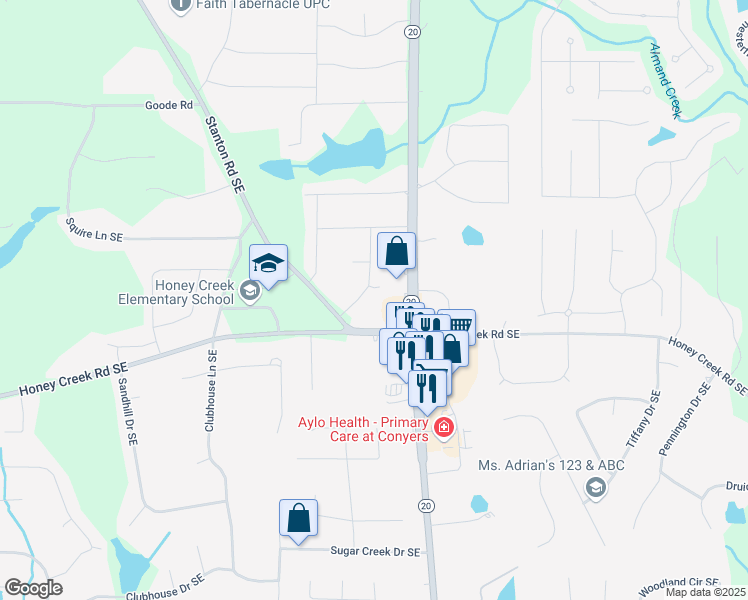 map of restaurants, bars, coffee shops, grocery stores, and more near 3450 Richmond Drive Southeast in Conyers