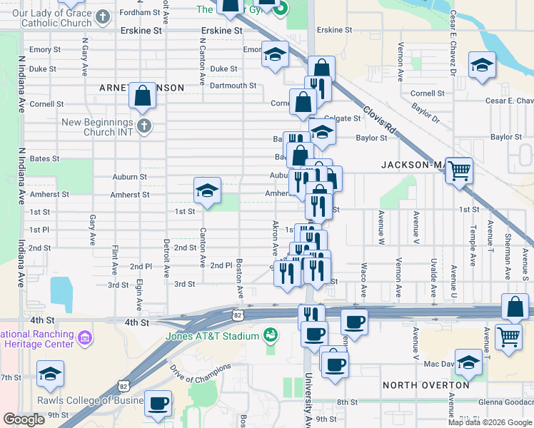 map of restaurants, bars, coffee shops, grocery stores, and more near 2524 1st Place in Lubbock