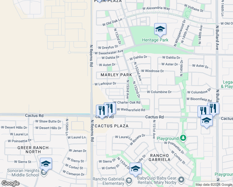 map of restaurants, bars, coffee shops, grocery stores, and more near 15366 West Charter Oak Road in Surprise