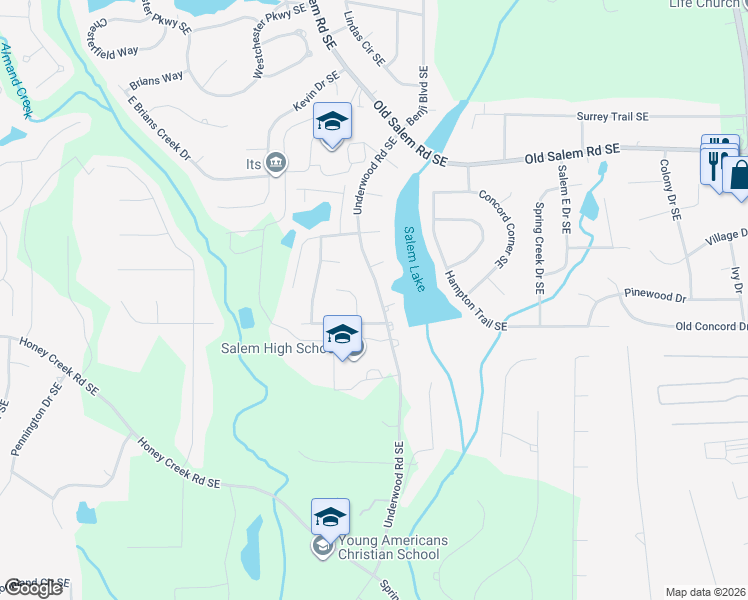 map of restaurants, bars, coffee shops, grocery stores, and more near 3474 Underwood Road Southeast in Conyers