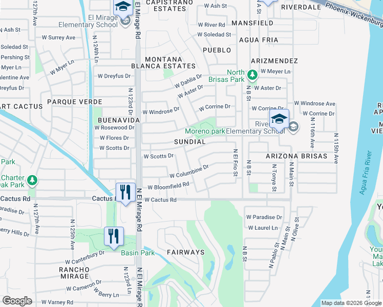 map of restaurants, bars, coffee shops, grocery stores, and more near 12417 North 121st Avenue in El Mirage