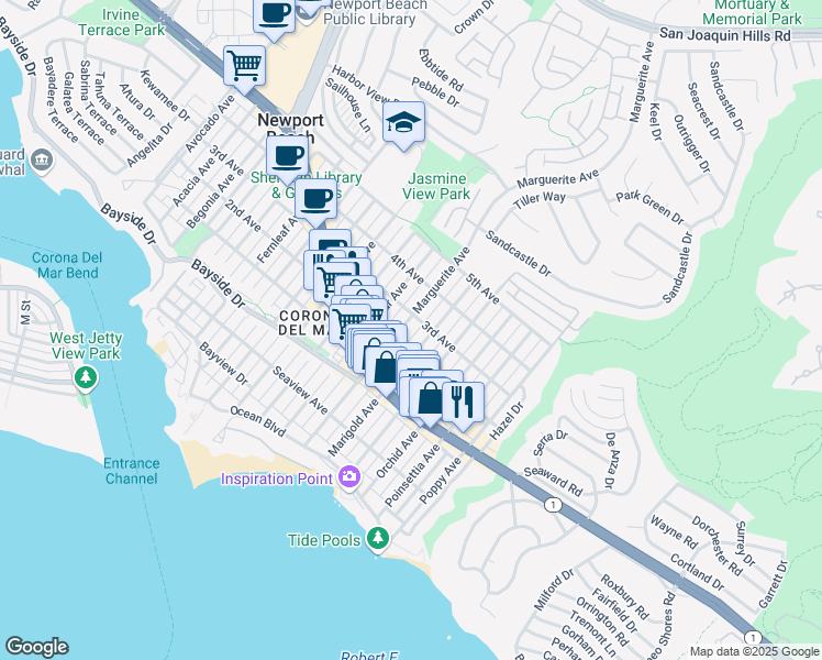 map of restaurants, bars, coffee shops, grocery stores, and more near 512 Marguerite Avenue in Newport Beach