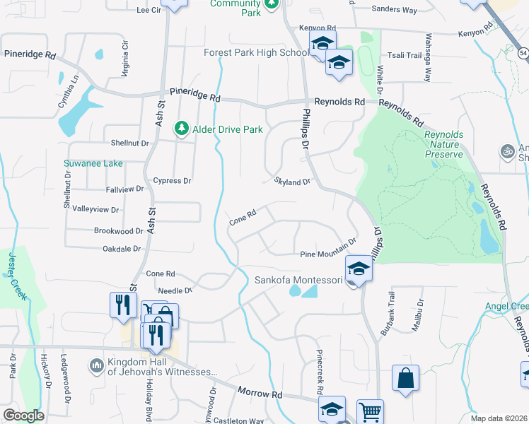 map of restaurants, bars, coffee shops, grocery stores, and more near 988 Tamarack Trail in Forest Park