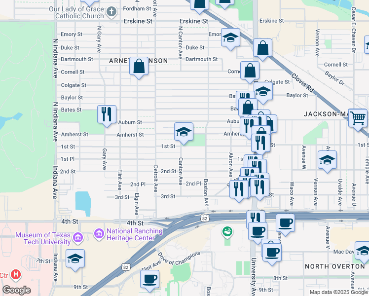 map of restaurants, bars, coffee shops, grocery stores, and more near 100 North Canton Avenue in Lubbock
