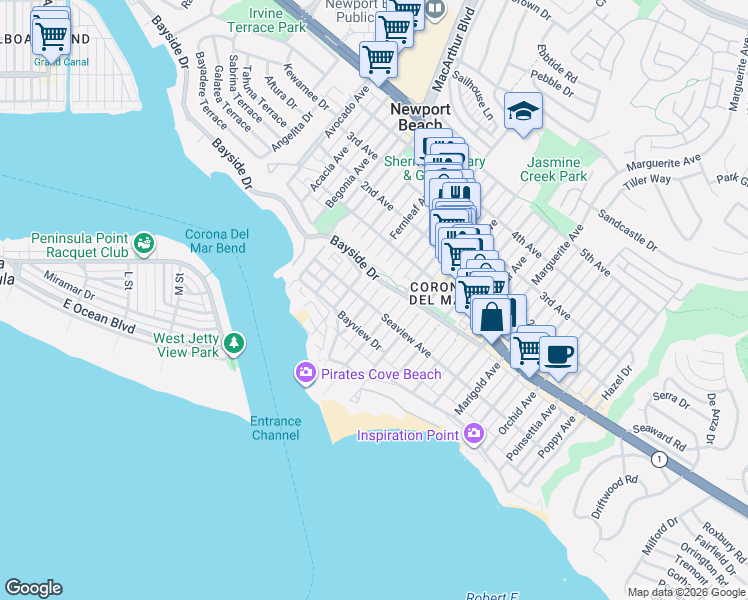 map of restaurants, bars, coffee shops, grocery stores, and more near 304 Goldenrod Avenue in Newport Beach