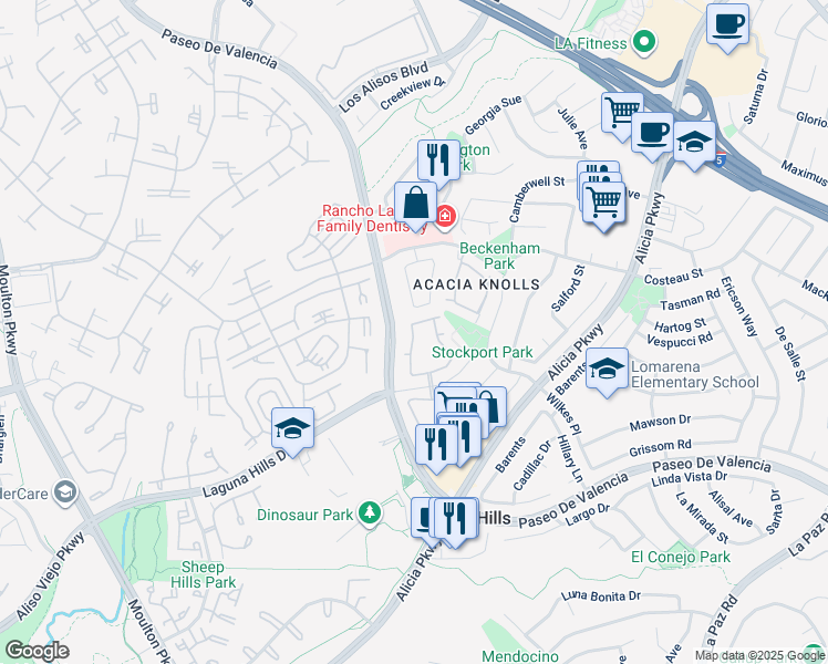 map of restaurants, bars, coffee shops, grocery stores, and more near 25211 Stockport Street in Laguna Hills