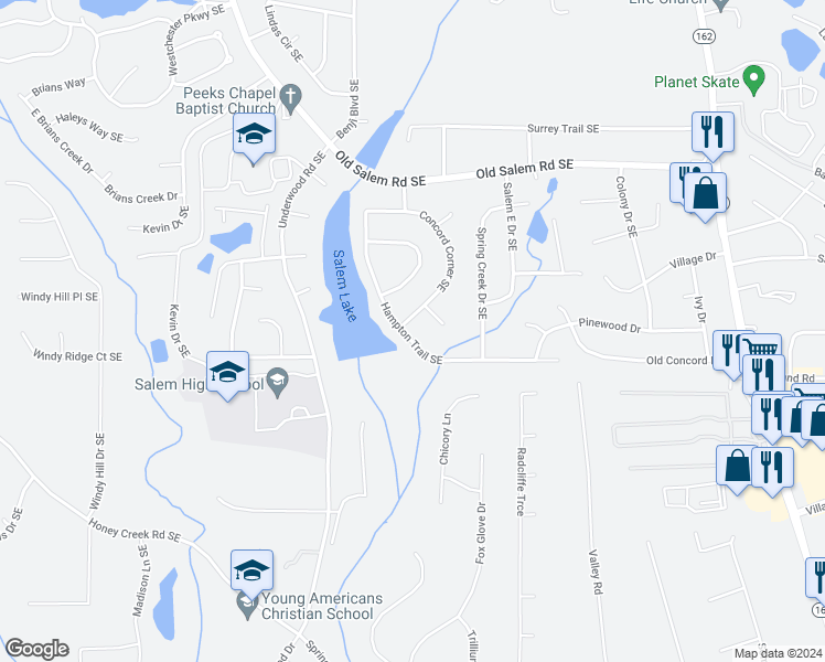 map of restaurants, bars, coffee shops, grocery stores, and more near 3456 Concord Corner Southeast in Conyers