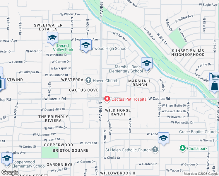 map of restaurants, bars, coffee shops, grocery stores, and more near 5849 West Wethersfield Drive in Glendale