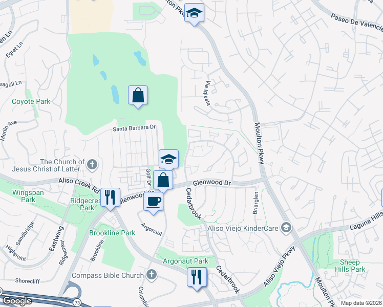 map of restaurants, bars, coffee shops, grocery stores, and more near 5 Via Athena in Aliso Viejo