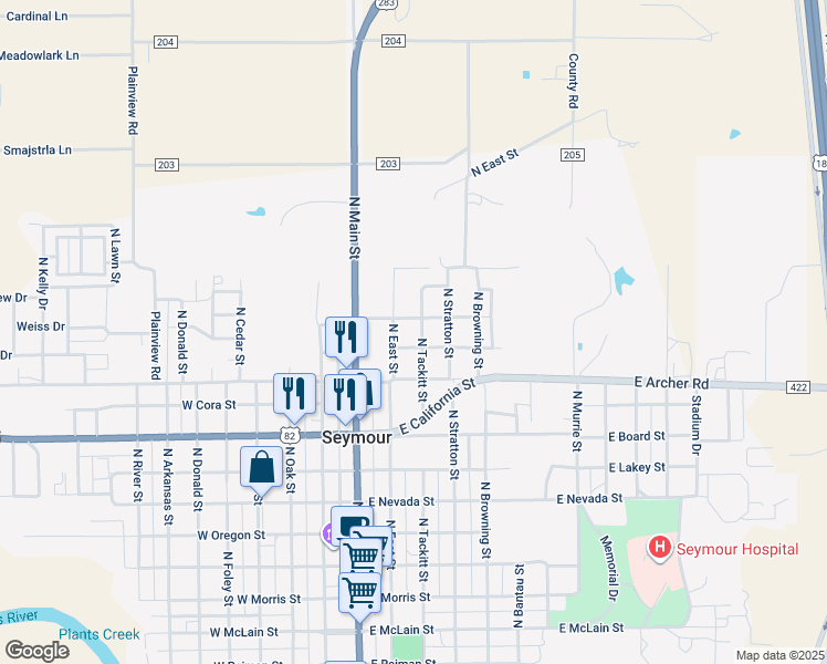 map of restaurants, bars, coffee shops, grocery stores, and more near 1105 North Tackitt Street in Seymour