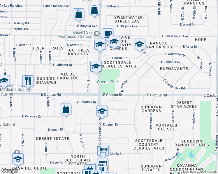 map of restaurants, bars, coffee shops, grocery stores, and more near 7202 East Cactus Road in Scottsdale