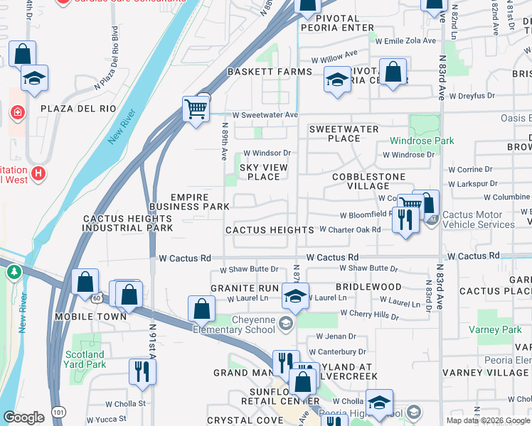 map of restaurants, bars, coffee shops, grocery stores, and more near 8744 West Charter Oak Road in Peoria