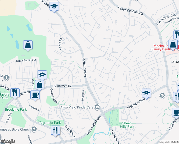 map of restaurants, bars, coffee shops, grocery stores, and more near 1 Dry Creek Lane in Laguna Hills
