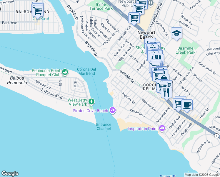 map of restaurants, bars, coffee shops, grocery stores, and more near 2525 Ocean Boulevard in Newport Beach