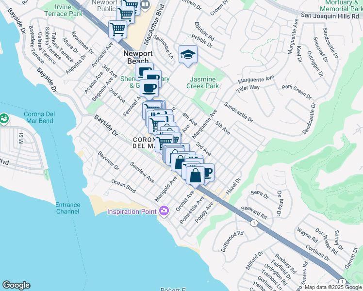 map of restaurants, bars, coffee shops, grocery stores, and more near 503 Marguerite Avenue in Newport Beach