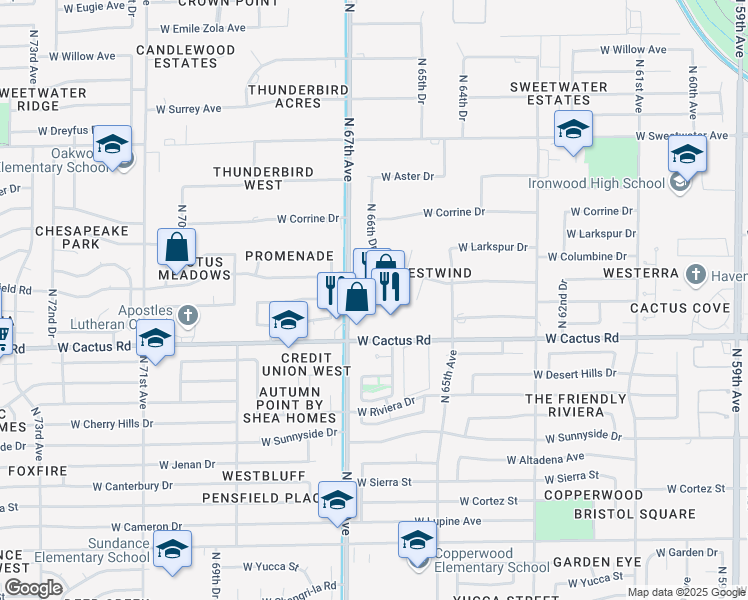 map of restaurants, bars, coffee shops, grocery stores, and more near 6670 West Cactus Road in Glendale
