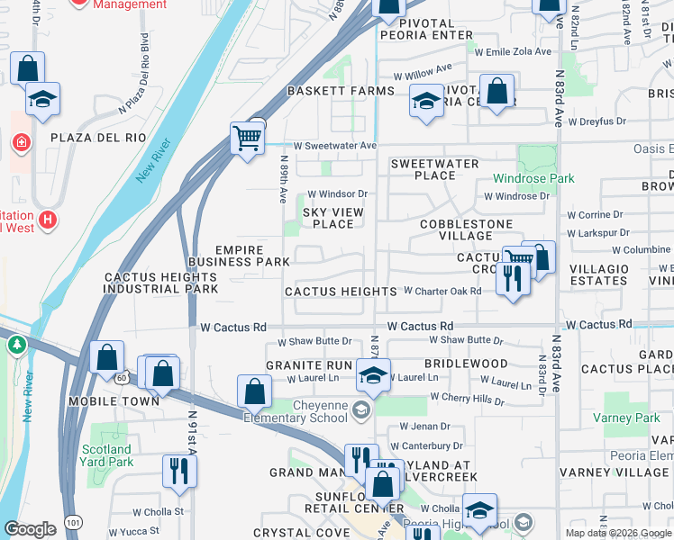 map of restaurants, bars, coffee shops, grocery stores, and more near 8744 West Charter Oak Road in Peoria