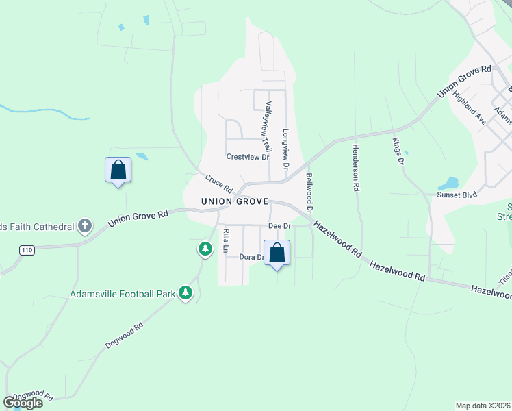 map of restaurants, bars, coffee shops, grocery stores, and more near 1104 Dee Drive in Adamsville