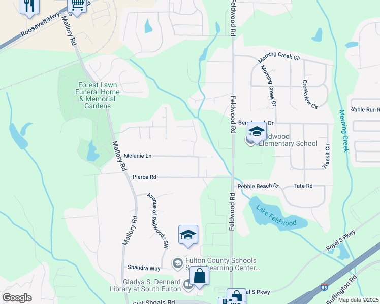map of restaurants, bars, coffee shops, grocery stores, and more near 4360 Melanie Lane in College Park