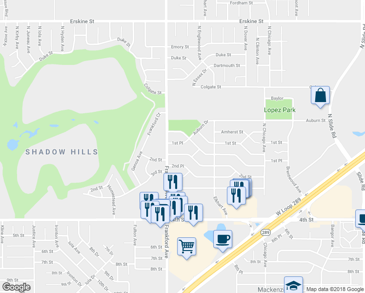 map of restaurants, bars, coffee shops, grocery stores, and more near 5735 1st Place in Lubbock