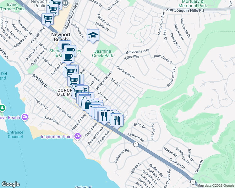 map of restaurants, bars, coffee shops, grocery stores, and more near 621 Poinsettia Avenue in Newport Beach