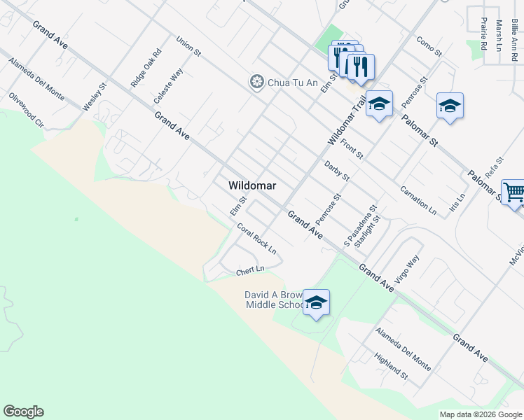 map of restaurants, bars, coffee shops, grocery stores, and more near 21503 Windstone Drive in Wildomar