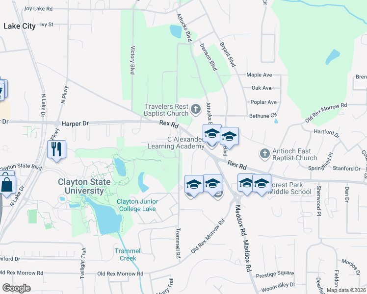 map of restaurants, bars, coffee shops, grocery stores, and more near 5766 Trammell Road in Morrow
