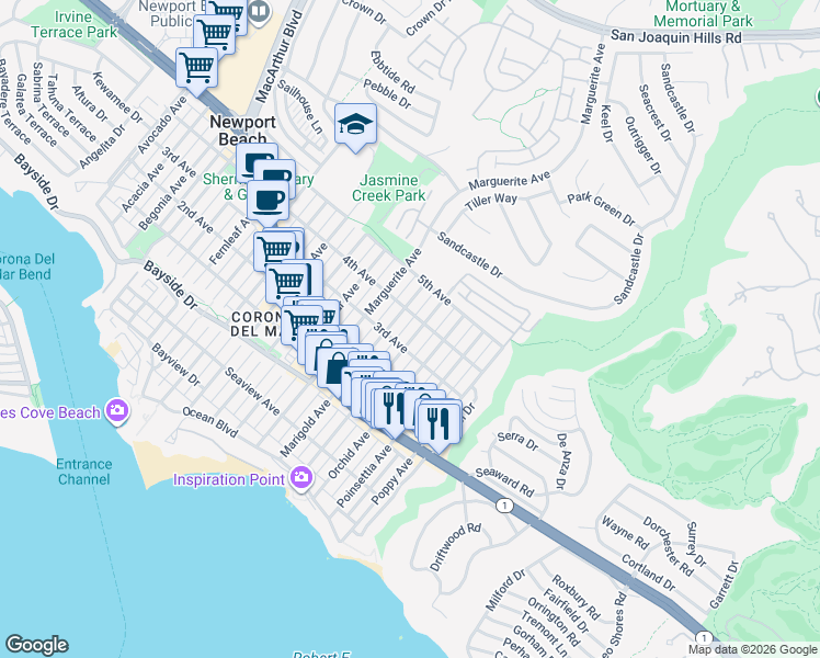 map of restaurants, bars, coffee shops, grocery stores, and more near 613 Narcissus Avenue in Newport Beach