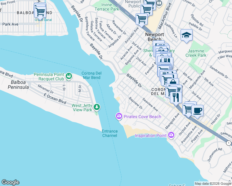 map of restaurants, bars, coffee shops, grocery stores, and more near 2609 Cove Street in Newport Beach
