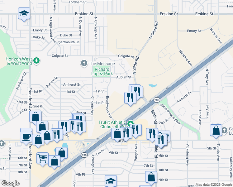 map of restaurants, bars, coffee shops, grocery stores, and more near 129 Brentwood Avenue in Lubbock