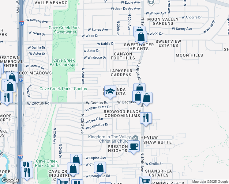 map of restaurants, bars, coffee shops, grocery stores, and more near 12217 North 21st Avenue in Phoenix