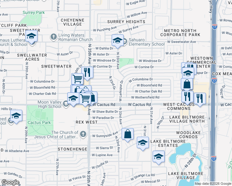 map of restaurants, bars, coffee shops, grocery stores, and more near 3327 West Wethersfield Road in Phoenix