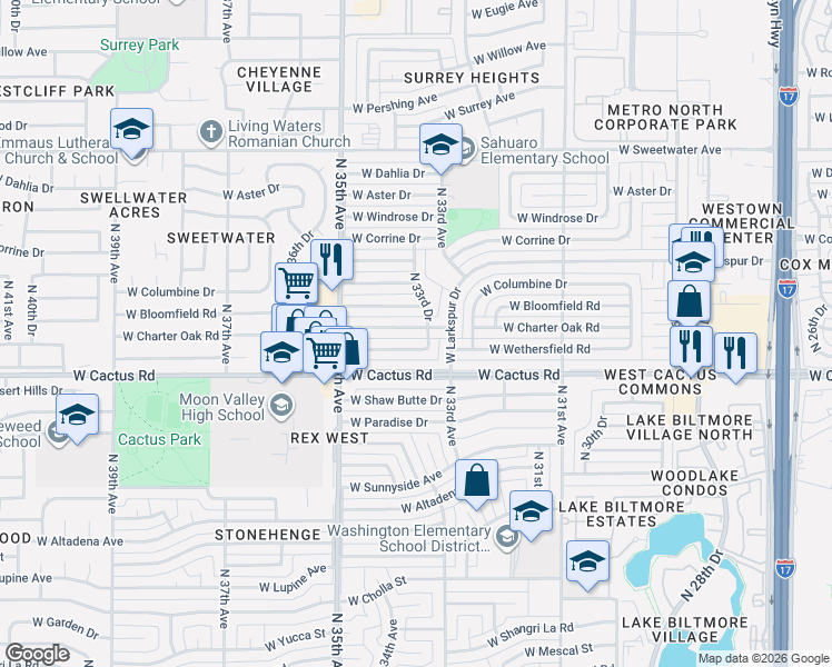 map of restaurants, bars, coffee shops, grocery stores, and more near 3327 West Wethersfield Road in Phoenix