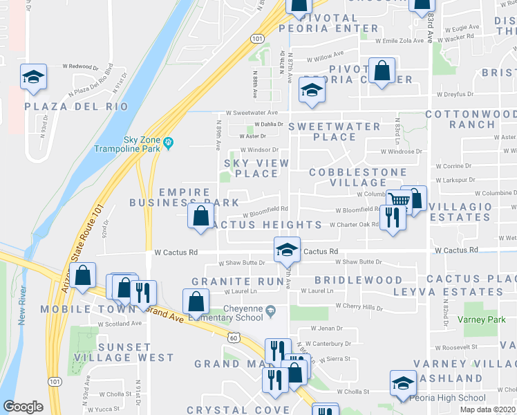 map of restaurants, bars, coffee shops, grocery stores, and more near 8744 West Charter Oak Road in Peoria