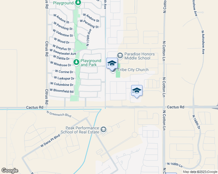 map of restaurants, bars, coffee shops, grocery stores, and more near 12479 North 174th Lane in Surprise